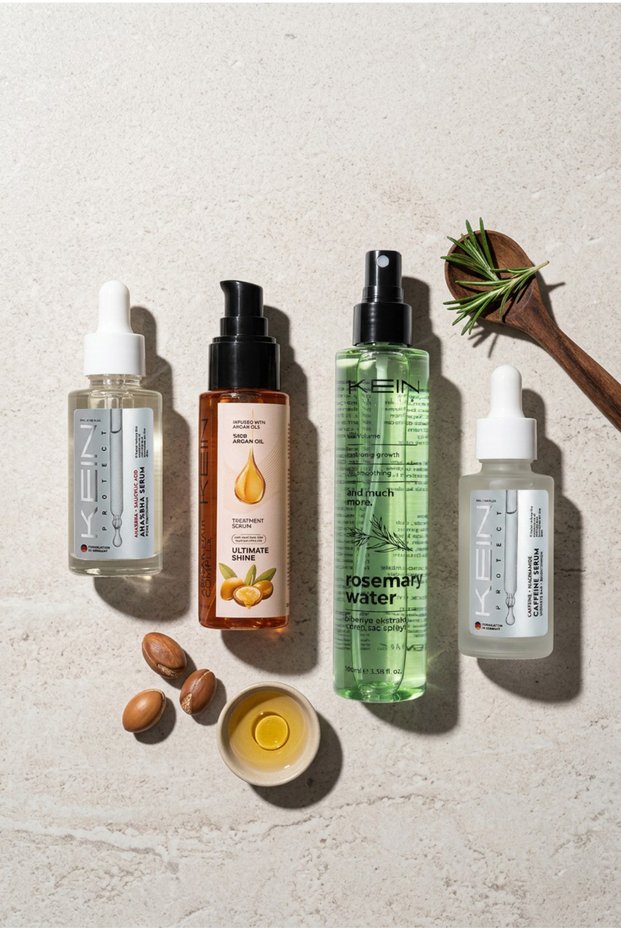 Kein Protect 4-Piece Skin and Hair Care Set – Aha Bha Peeling Serum, Caffeine Serum, Rosemary Water, and Argan Oil