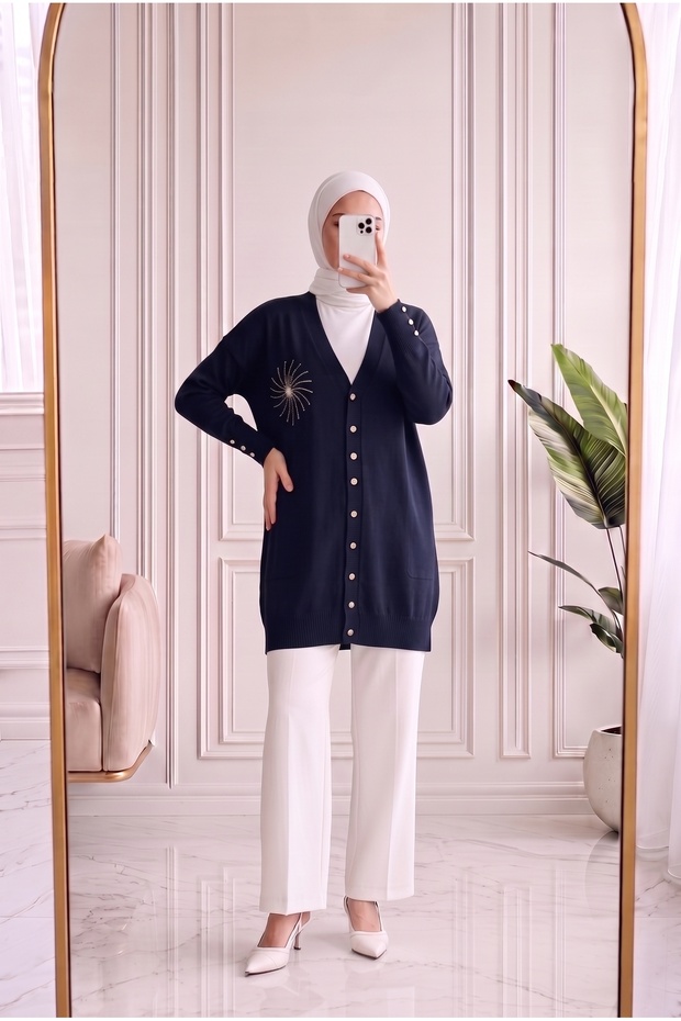 Sabifeza Güneş Taşlı Soğuk İp Hırka-Sy3362 Navy Blue