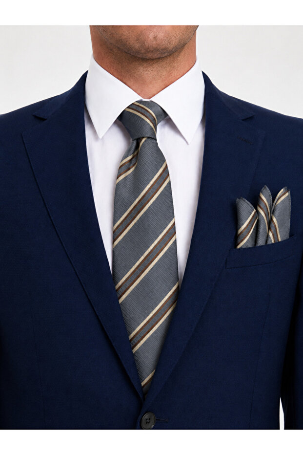 8 cm Gray Brown Beige Striped Tie and Handkerchief Set