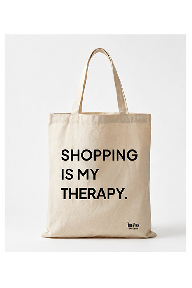 Shopping Is My Therapy Printed Ecru Tote Bag