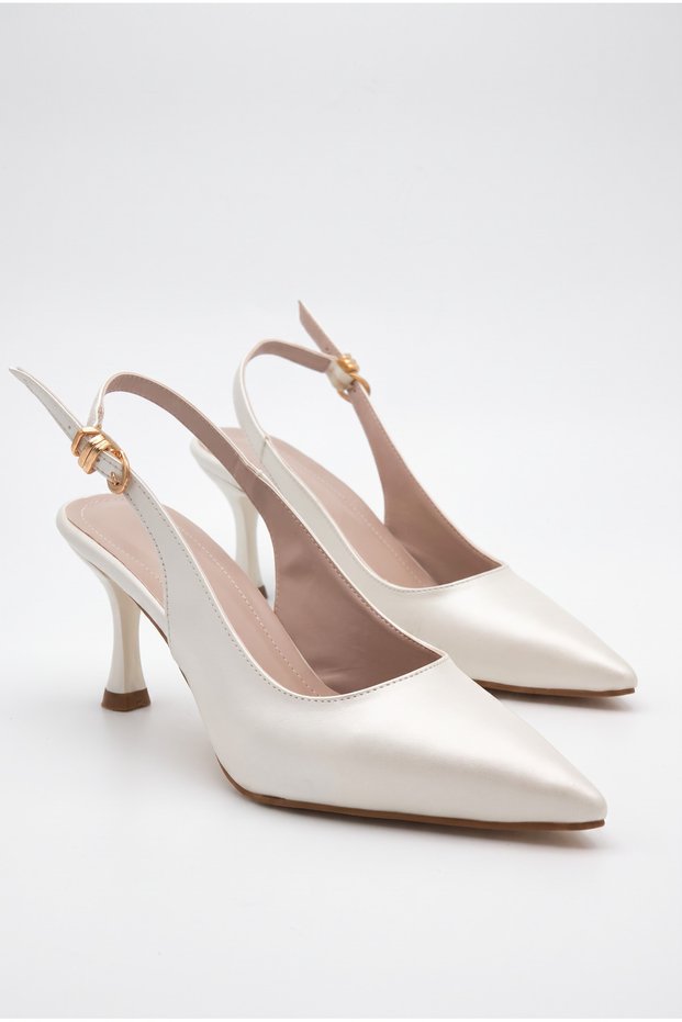 Women's White Design Elastic Band Pointed Toe Thin Casual Heeled Shoes with Stylish Accessories