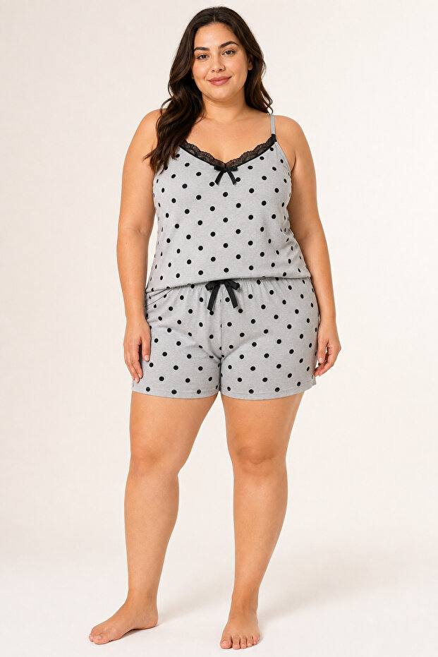 Women's Plus Size Rope Strap Collar Lace Black Polka Dot Summer Pajama Set