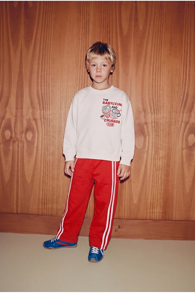 Children's Cotton Printed Ecru School Sweatshirt and Red Striped Pants Set