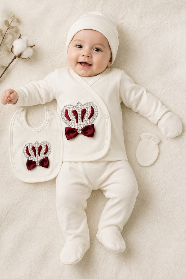 5-Piece Hospital Discharge Set Newborn Baby Bodysuit Set – Includes Hat, Gloves, Booties and Bib, Soft Textured Comfortable Baby Clothing Set