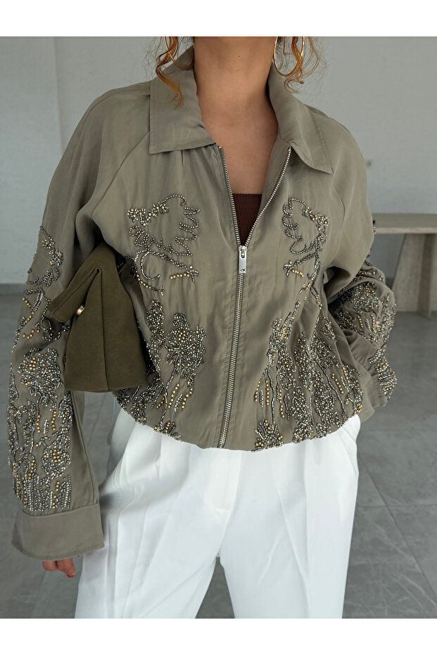 Premium Trend Drawstring Beaded Embroidered Seasonal Oversized Jacket