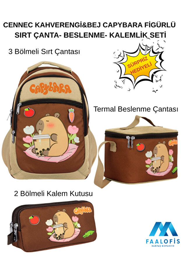 5230 Cennec Brown & Beige Capybara Figured Backpack - Nutrition - Pen Holder Set