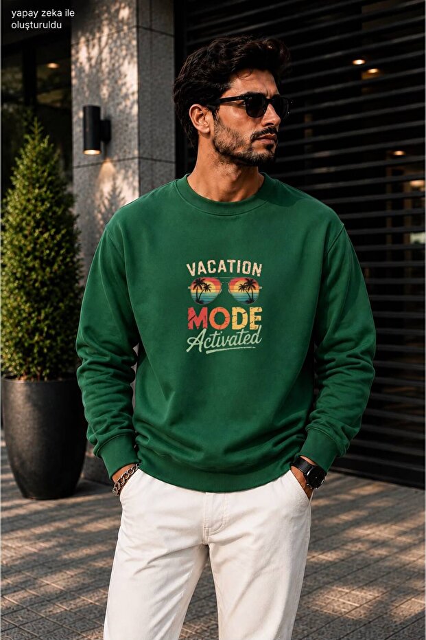 Men's Vacation Mode Written Sunglasses Printed Round Crew Neck Cotton Casual Sweatshirt