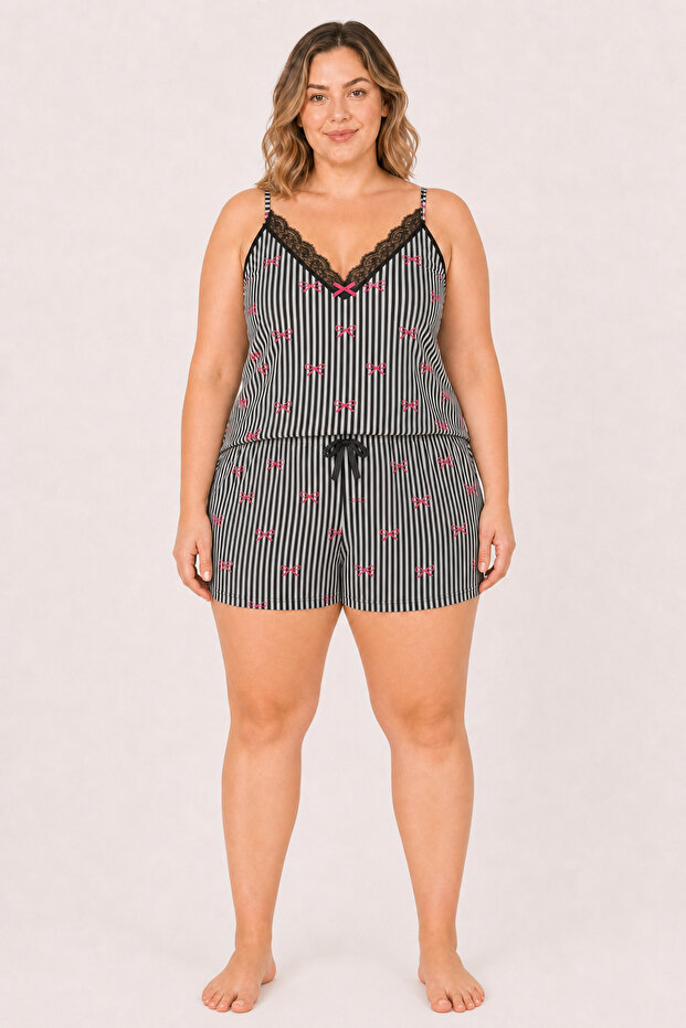 Women's Plus Size Rope Strap Collar Lace Striped Bow Summer Pajama Set