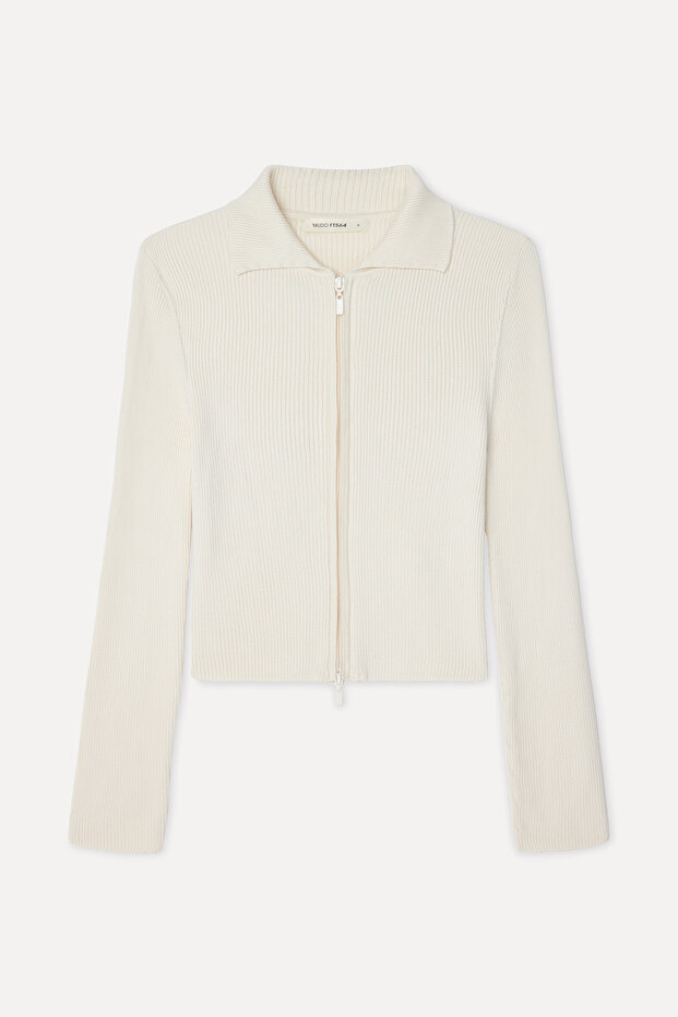 Women's Ecru Fitted Polo Collar Zippered Cardigan