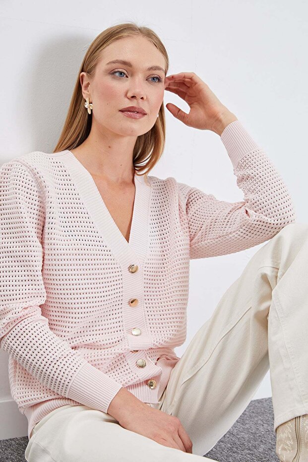 Buttoned V-Neck Openwork Knitwear Cardigan