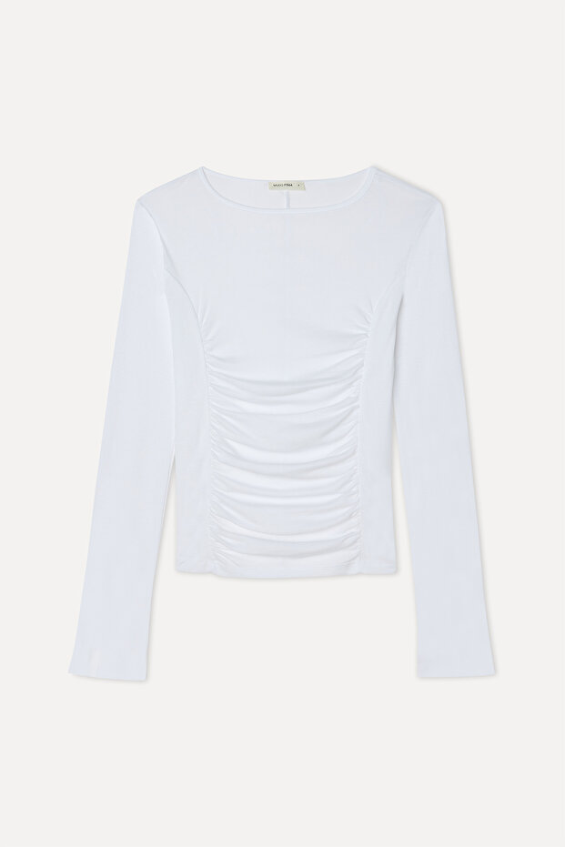 Women's Off-White Fitted Draped Crew Neck Modal Blend Blouse