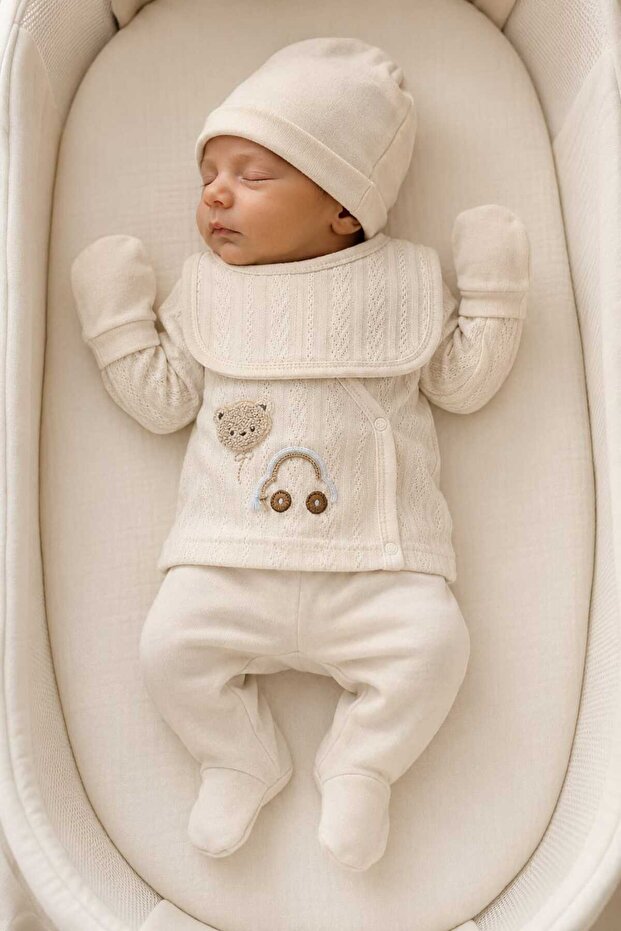 Baby Boy Teddy Bear and Car Embroidered Openwork 5-Piece Newborn Hospital Discharge Set