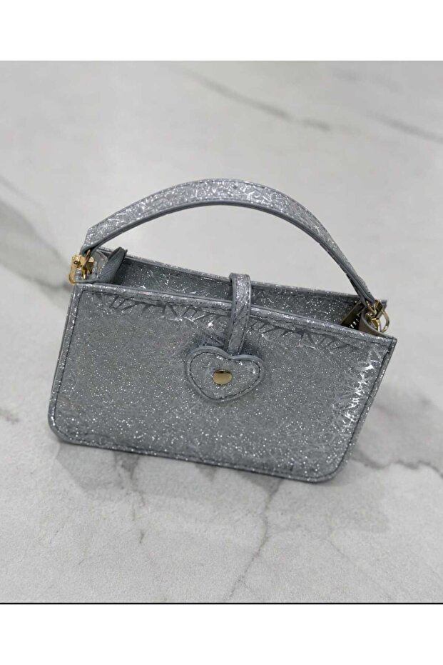 Women's Silvery Heart Detail Chain Strap Hand and Shoulder Bag