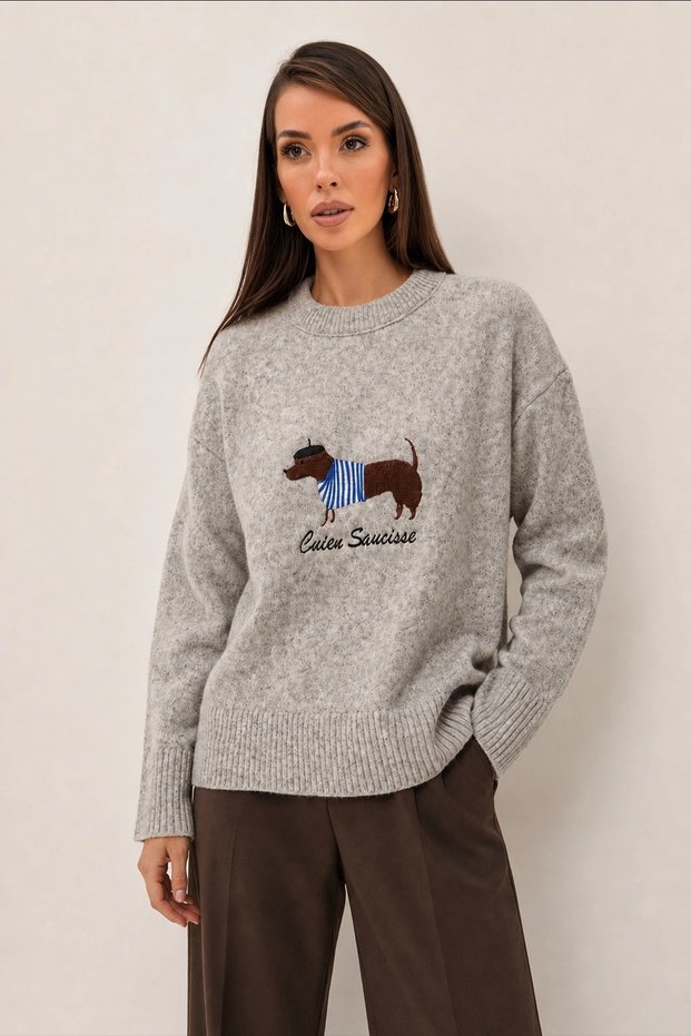Women's Gray Dog Figured Embroidered Crew Neck Long Sleeve Loose Fit Oversize Knitwear Sweater