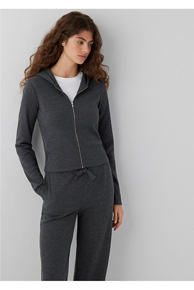 Textured Hooded Zip-Up Slim Fit Top Sweatshirt.