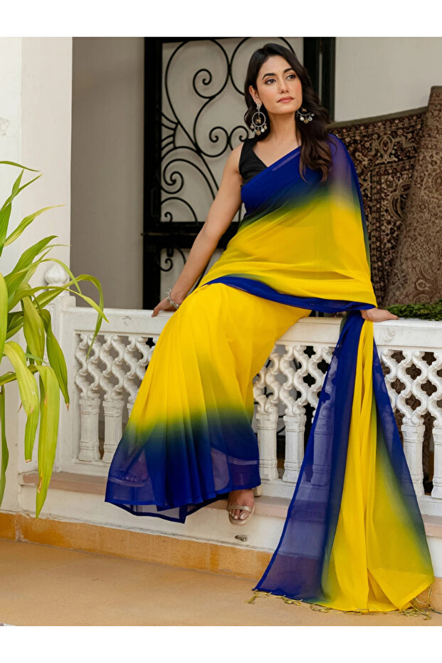 Blue & Yellow Gradient Ombre Soft Georgette Ready-to-Wear Saree - FFT9596 | Blue & Yellow