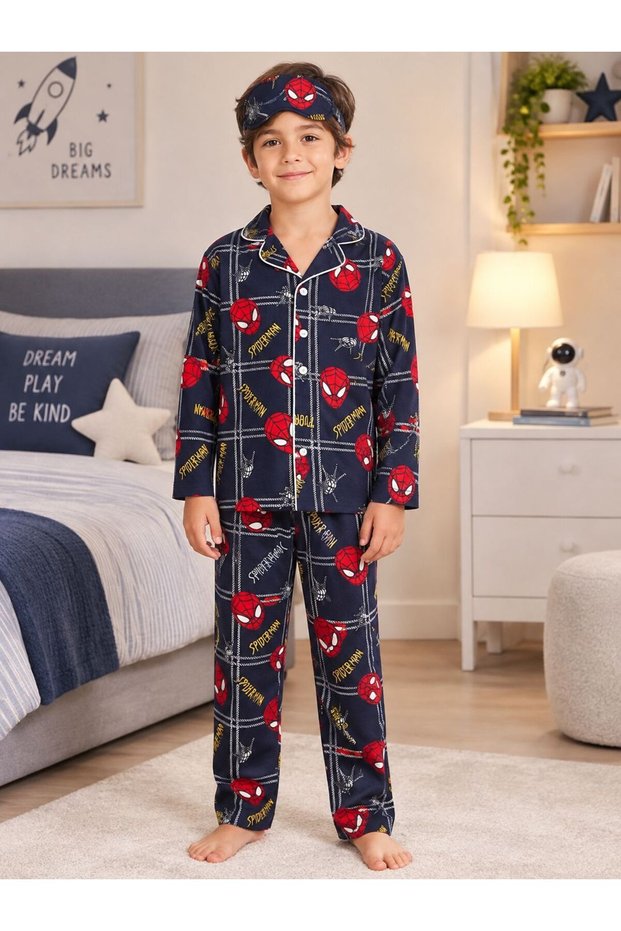 Boys' Cotton Suede Fabric Navy Blue Spider Shirt Collar Sleep Band Winter Pajama Set