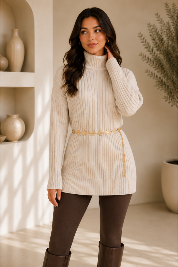 Beige Knitwear Tunic Sweater with Chain Belt Detail
