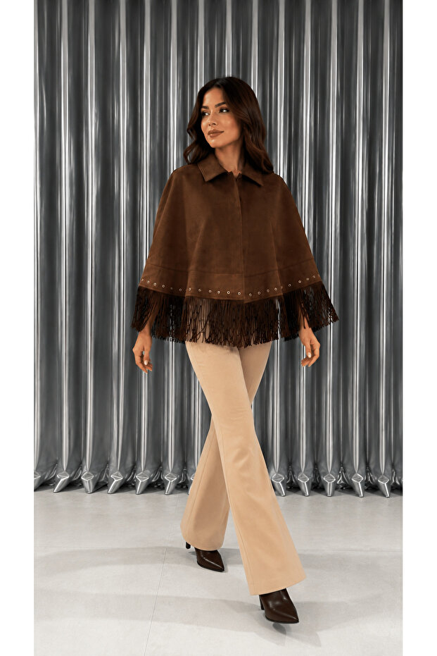 Women's Suede Tasseled Poncho Jacket with Eyelet Studs Detailed Cape Jacket