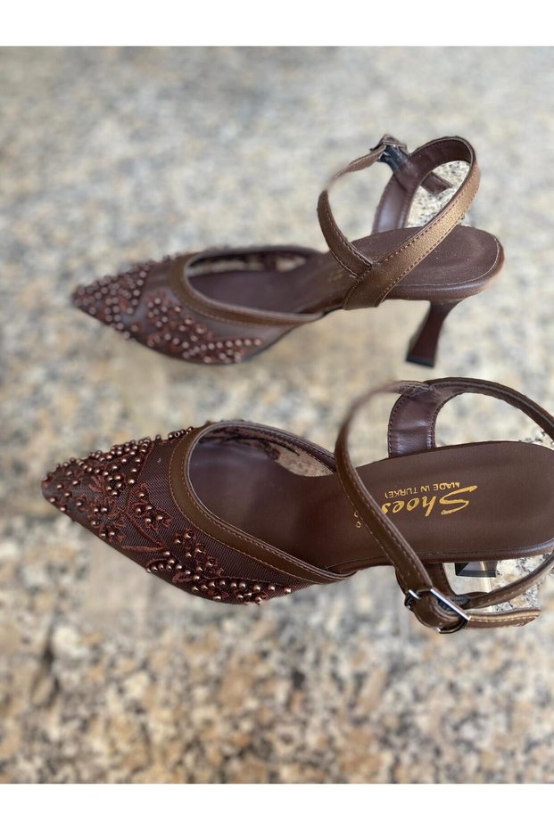 Brown Outer Material Tulle and Stone Embroidered Women's Shoes with Goblet Heels