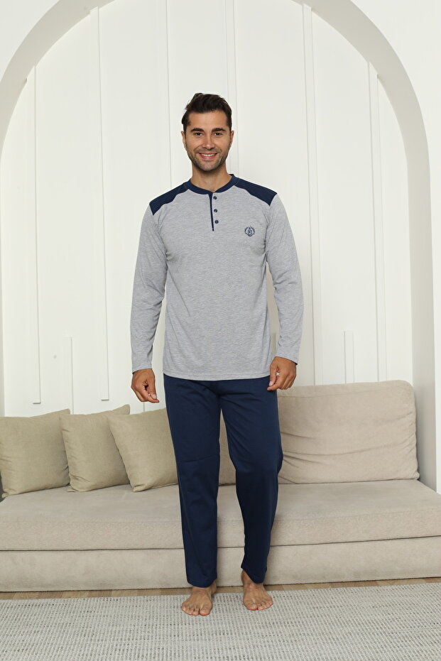 Men's Buttoned Collar 100% Cotton Seasonal Knitted Combed Cotton Long Sleeve Pocketed Pajama Set