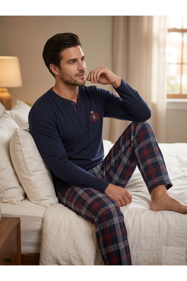 Men's Buttoned Collar 100% Cotton Seasonal Knitted Combed Cotton Long Sleeve Pocketed Pajama Set