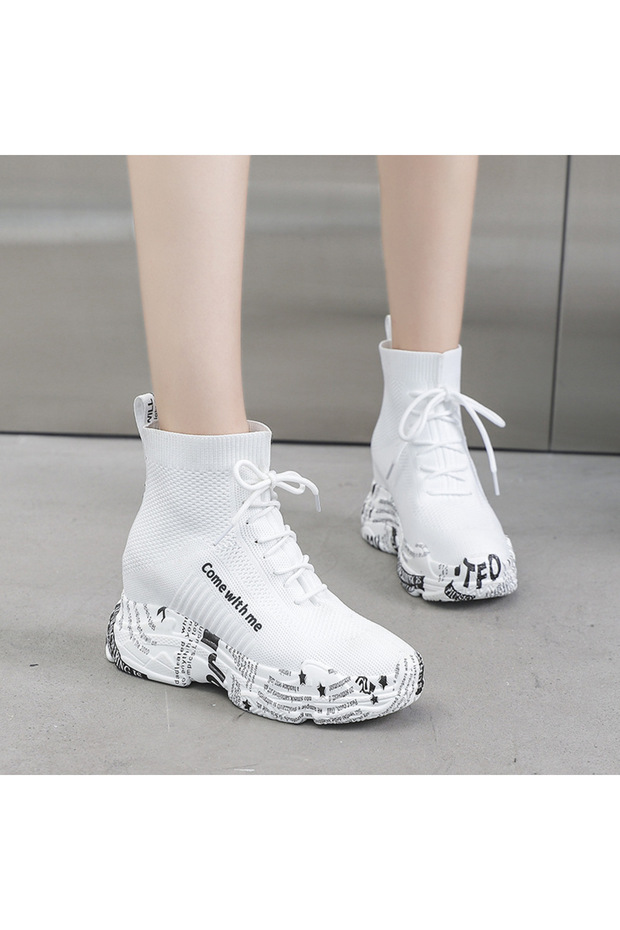 Women's White Letter Print Running Lace-Up Sneakers