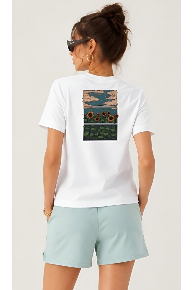 Unisex Sunflower View Back Print Cotton T-Shirt