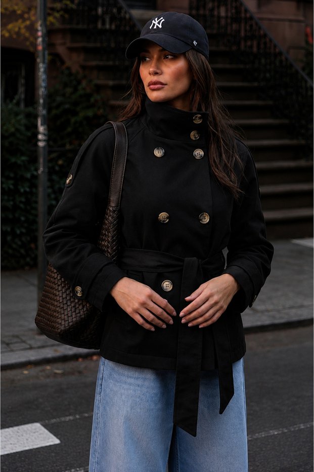 Women's Bsk High Collar Trench Coat with Back Windbreaker Detail