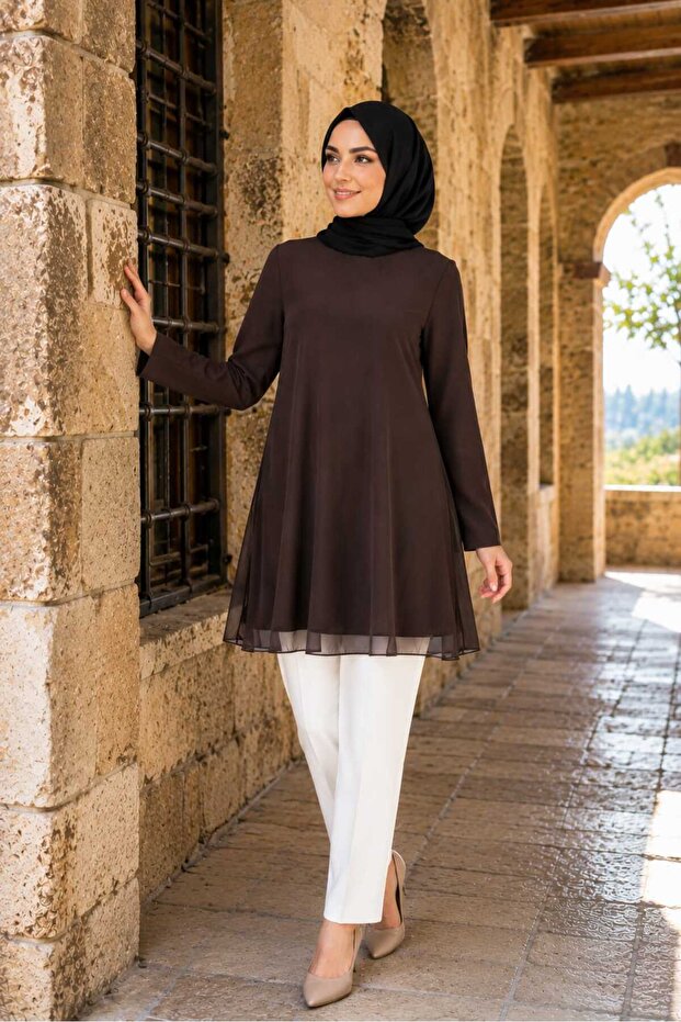 Tunic Undergarment Long Sleeve with Chiffon Detail on the Front