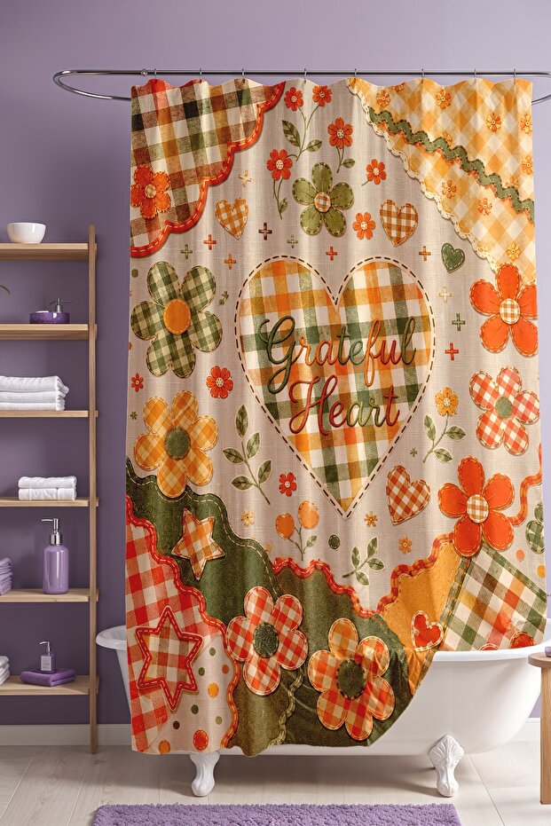 Checkered Flowers and Hearts Patterned Shower Curtain, Bathtub Curtain 175X200Cm