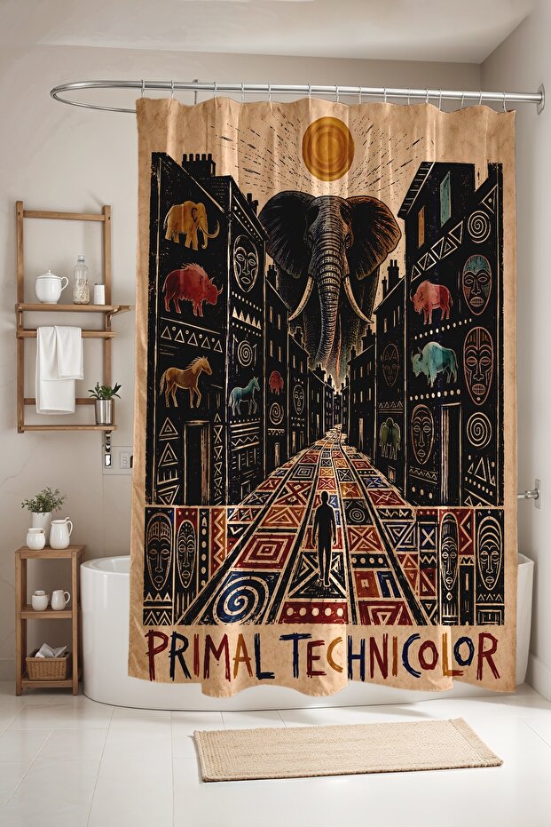 Elephant and African Patterned Shower Curtain, Bathtub Curtain 175X200Cm