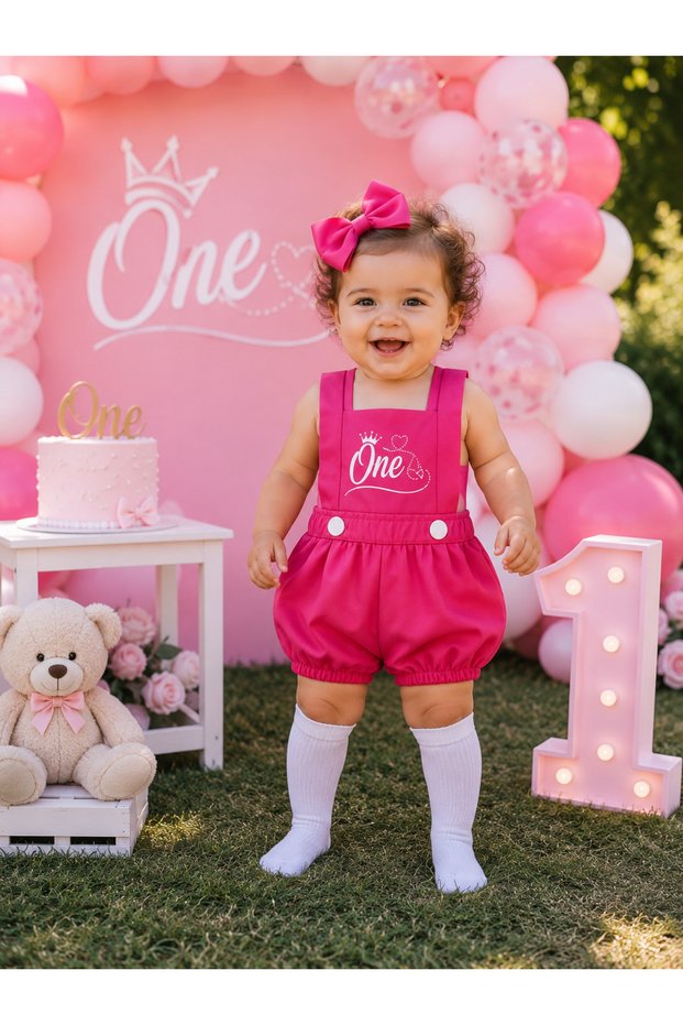Pink Baby Girl Birthday 1 Year Old Romper Buckle Socks Set
