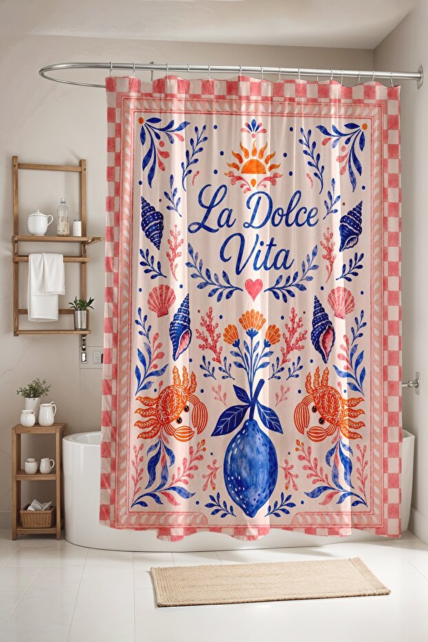 La Dolce Vita Crab Patterned Shower Curtain, Bathtub Curtain 175X200Cm