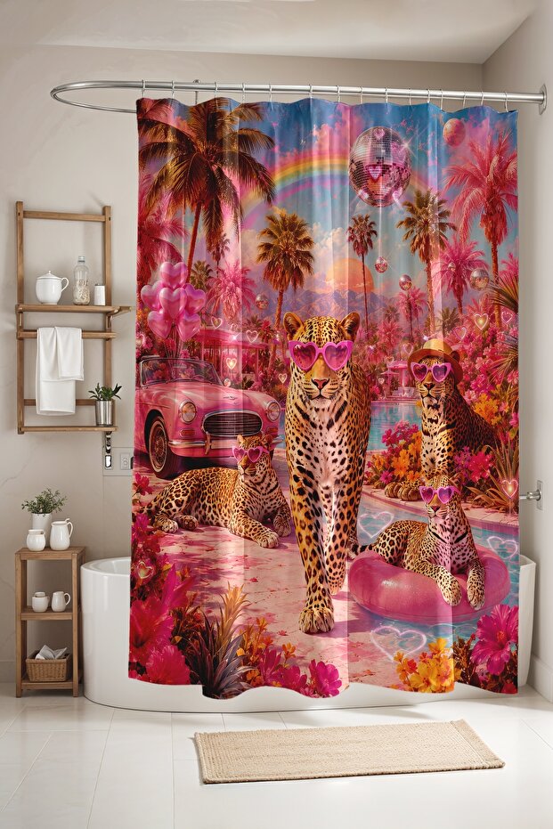 Leopards with Miami Glasses Patterned Shower Curtain, Bathtub Curtain 175X200Cm