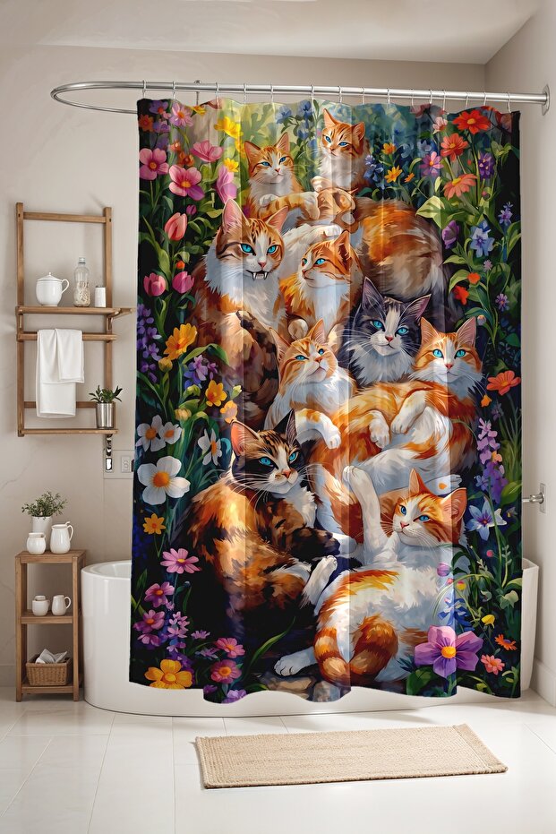 Botanical Cat World Patterned Shower Curtain, Bathtub Curtain 175X200Cm