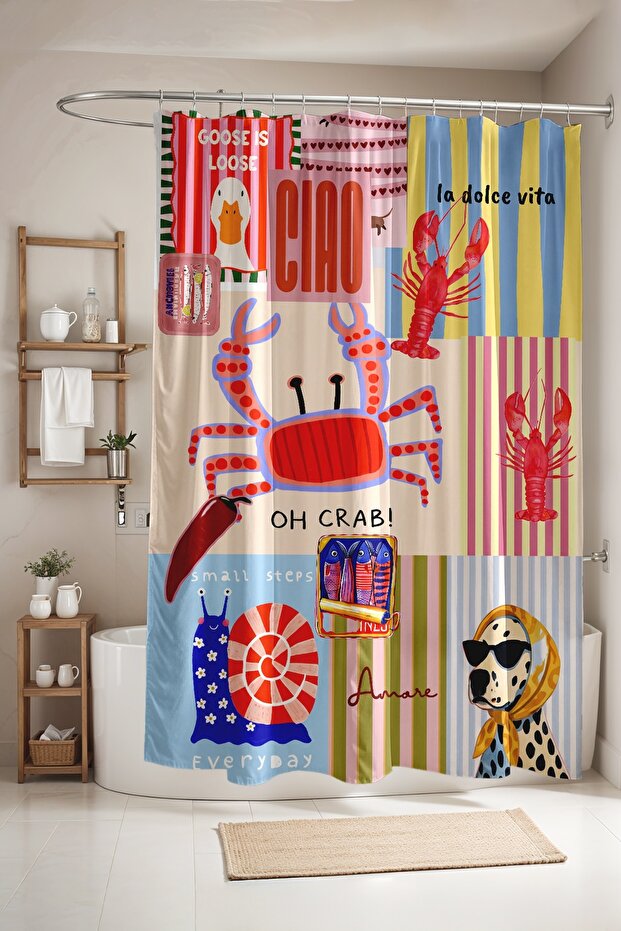 Popart Crab and Dog, Lobster Patterned Shower Curtain, Bathtub Curtain 175X200Cm