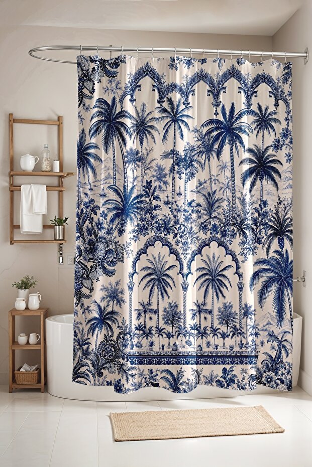 Navy Blue Palms Patterned Shower Curtain, Bathtub Curtain 175X200Cm