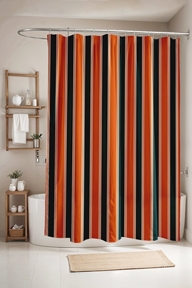 Red Green Stripes Patterned Shower Curtain, Bathtub Curtain 175X200Cm