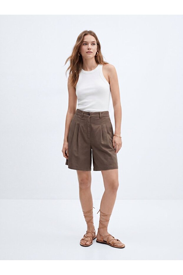 Comfort Fit High Waist Pleated Detailed Khaki Shorts