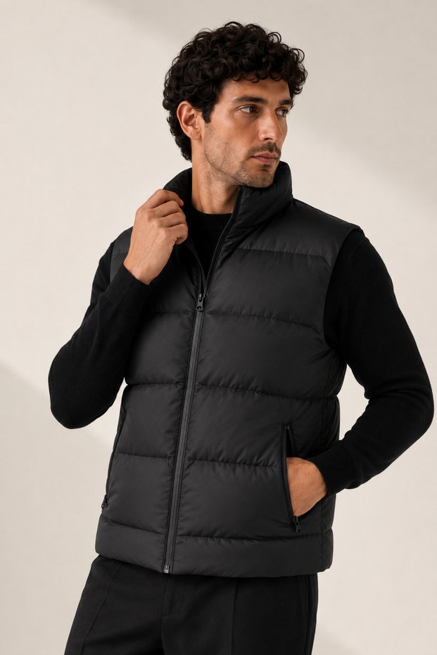 Men's Black, Nova Fabric, Stand Collar, Water and Wind Resistant, Puffer Vest