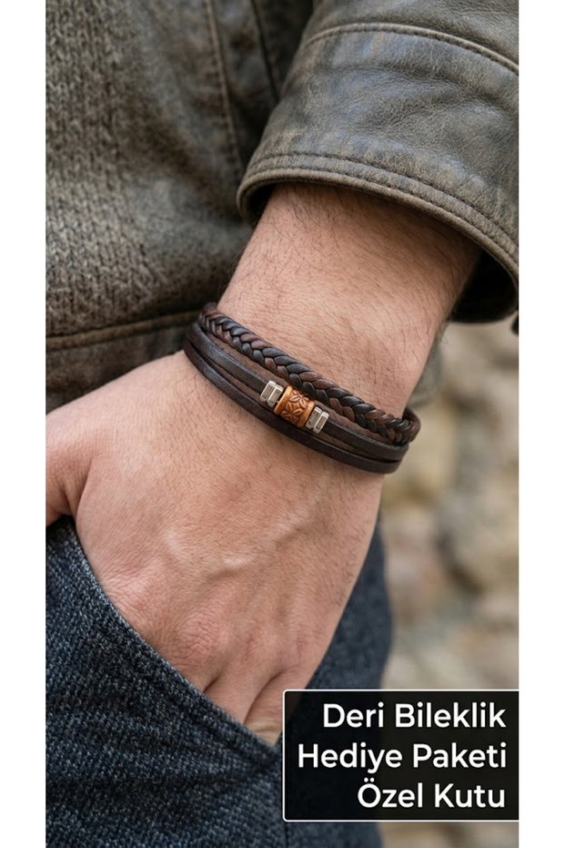 Arcenzo Copper Brown Leather Men's Bracelet - with Copper Color Metal Detail