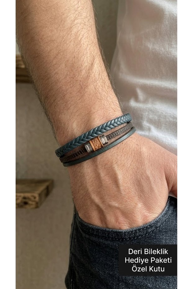 Kervain Teal Black Leather Men's Bracelet - Petrol Blue Braided Metal Detail