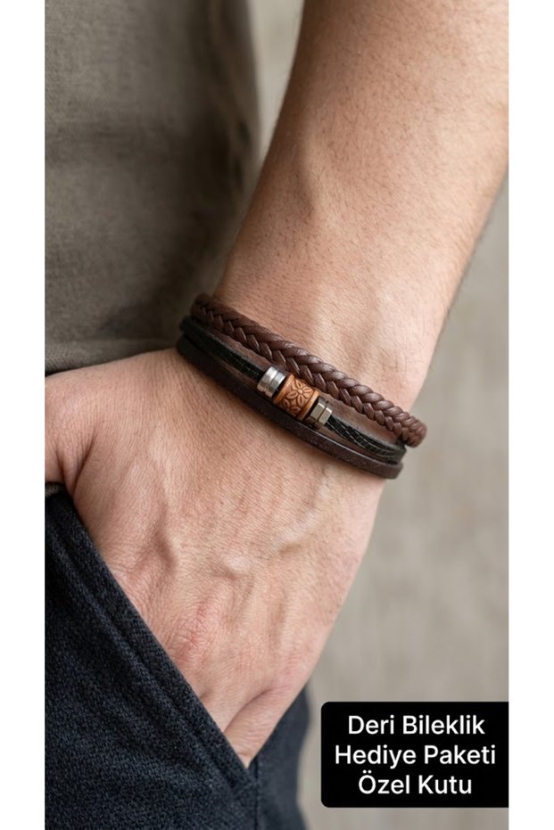 Morland Bronze Brown Leather Men's Bracelet - Braided and Metal Detailed