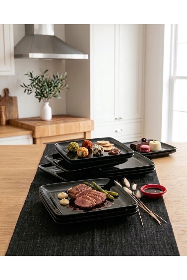 6 Pieces 29 cm Black Square Serving Plate Unbreakable Melamine Presentation Plate Food and Dessert Plate (29 X 29 cm)