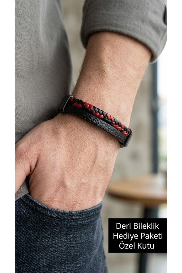 Roscaire Flare Black Leather Men's Bracelet - Red and Black Braided Detail