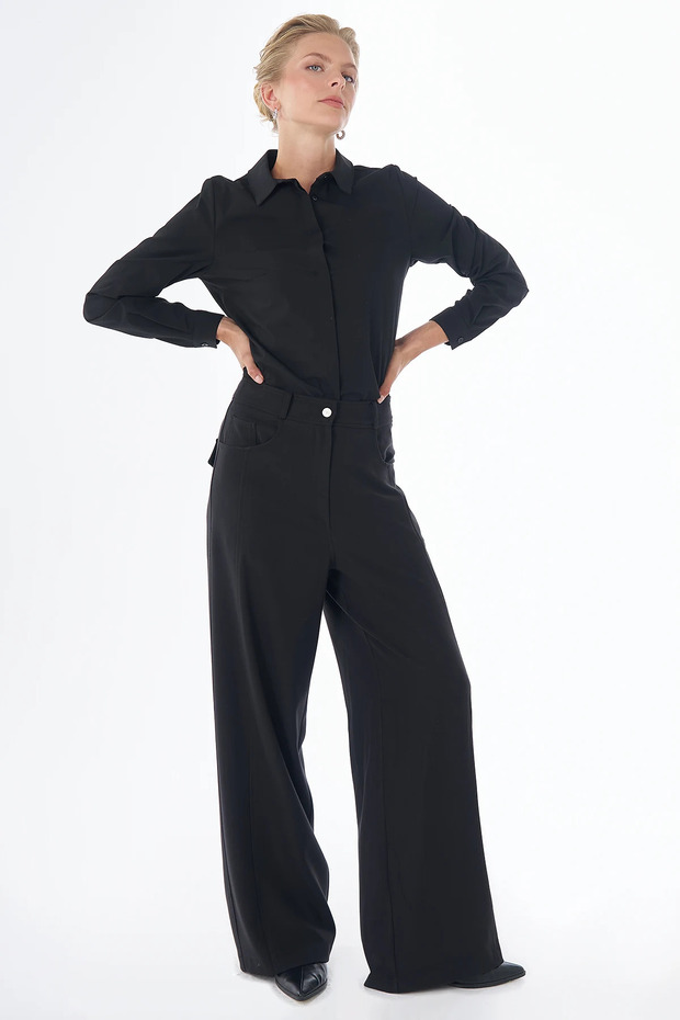 Stitched Detailed Wide Leg Trousers Black