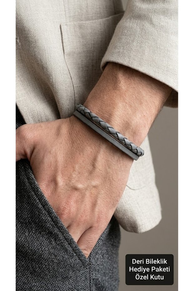 Vercelli Ash Gray Leather Men's Bracelet - Single Row Weave Minimal Design