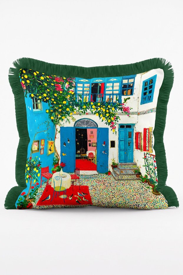 Aegean Town Blue Window Lemon Garden Fringed Cushion Cover