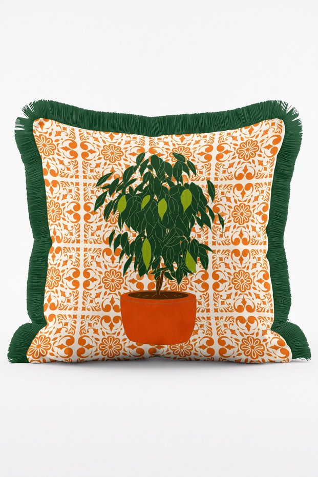 Fringed Throw Pillow Cover with Plant Motifs in an Orange Tile-Printed Pot